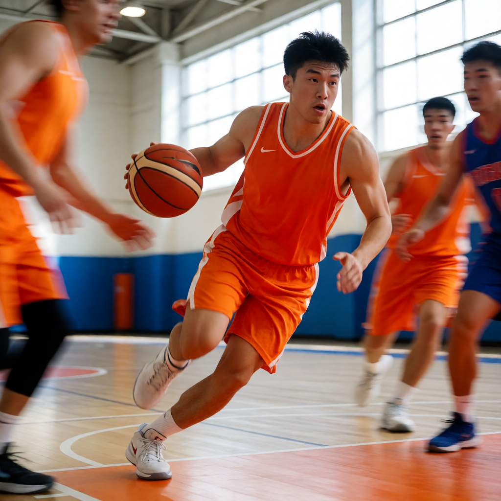 篮球比赛中后卫推进组织进攻的现场画面